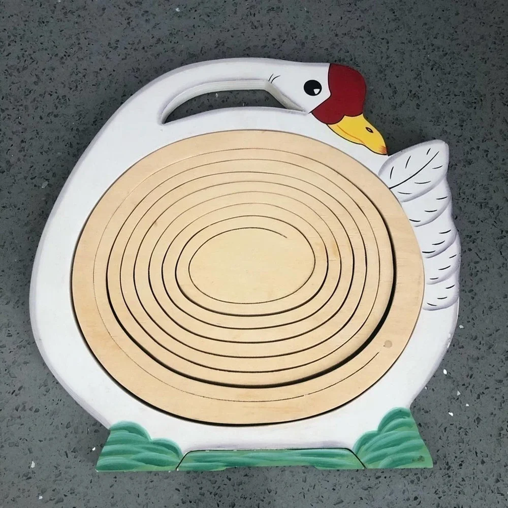 Vintage Collapsible Wood Goose Fruit Basket Spiral Folding Trivet Kitchen Decor